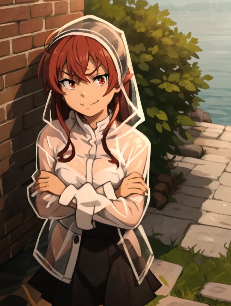 This is an image of a young woman standing in front of a brick wall. She is wearing a clear raincoat, a white button-down shirt, and a black skirt. She has red hair and red eyes and is smirking at the viewer. There is a plant to her right and a stone walkway to her left with a body of water in the background.