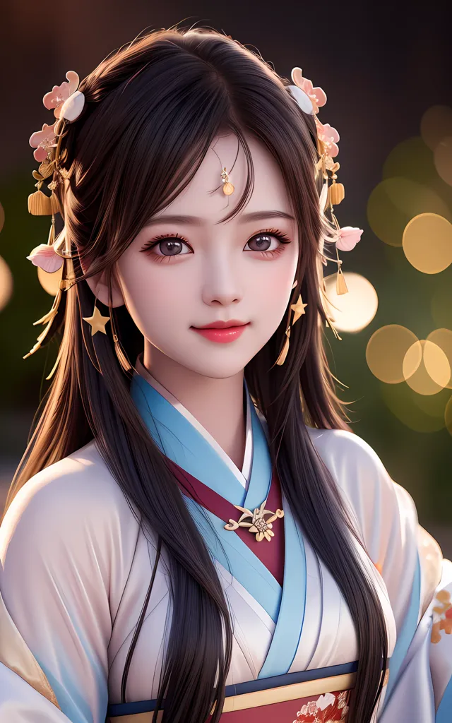 The image shows a young woman with long black hair and brown eyes. She is wearing a traditional Chinese dress with a white top and a blue skirt. The dress is decorated with intricate patterns and gold trim. She is also wearing a number of hair accessories, including a hairpin, earrings, and a necklace. The background is a blur of light and dark colors.