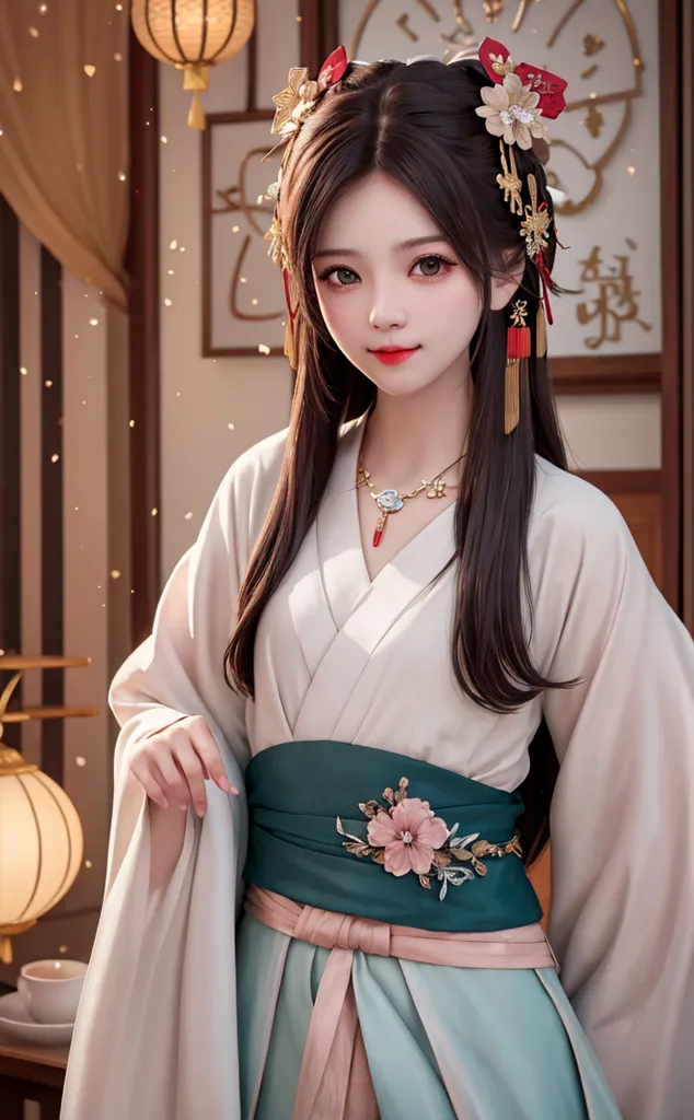 The picture shows a young woman in a white and blue traditional Chinese dress with a pink flower pattern. The woman has long dark hair with some white flowers and golden hair accessories in her hair. She is wearing a necklace with a red gem in the center and has a pink and white flower on the right side of her dress. The background is blurry and has a lantern with a red tassel hanging on the left side.