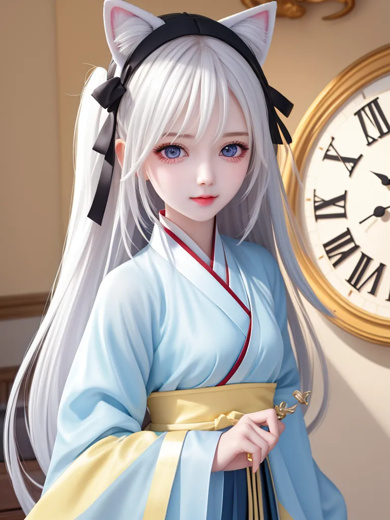 The image is a painting of a young woman with white hair and blue eyes. She is wearing a traditional Japanese kimono with a yellow obi. She has a black bow in her hair and cat ears on her head. She is standing in front of a clock.