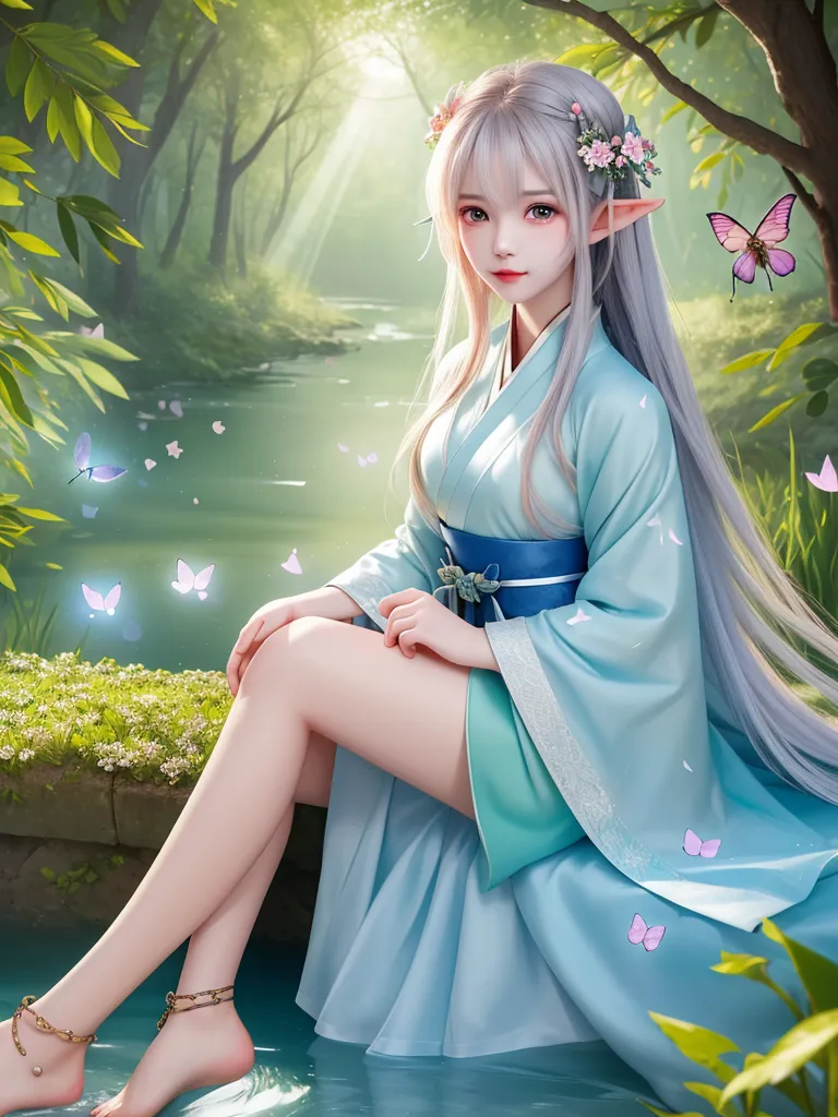 La imagen es de una hermosa mujer elfa con cabello plateado largo y ojos azules. Ella está usando un kimono azul y blanco con un obi rosa. Está sentada sobre una roca en un bosque, con los pies en el agua. Hay mariposas volando a su alrededor. El fondo es un bosque con árboles verdes y un río azul.