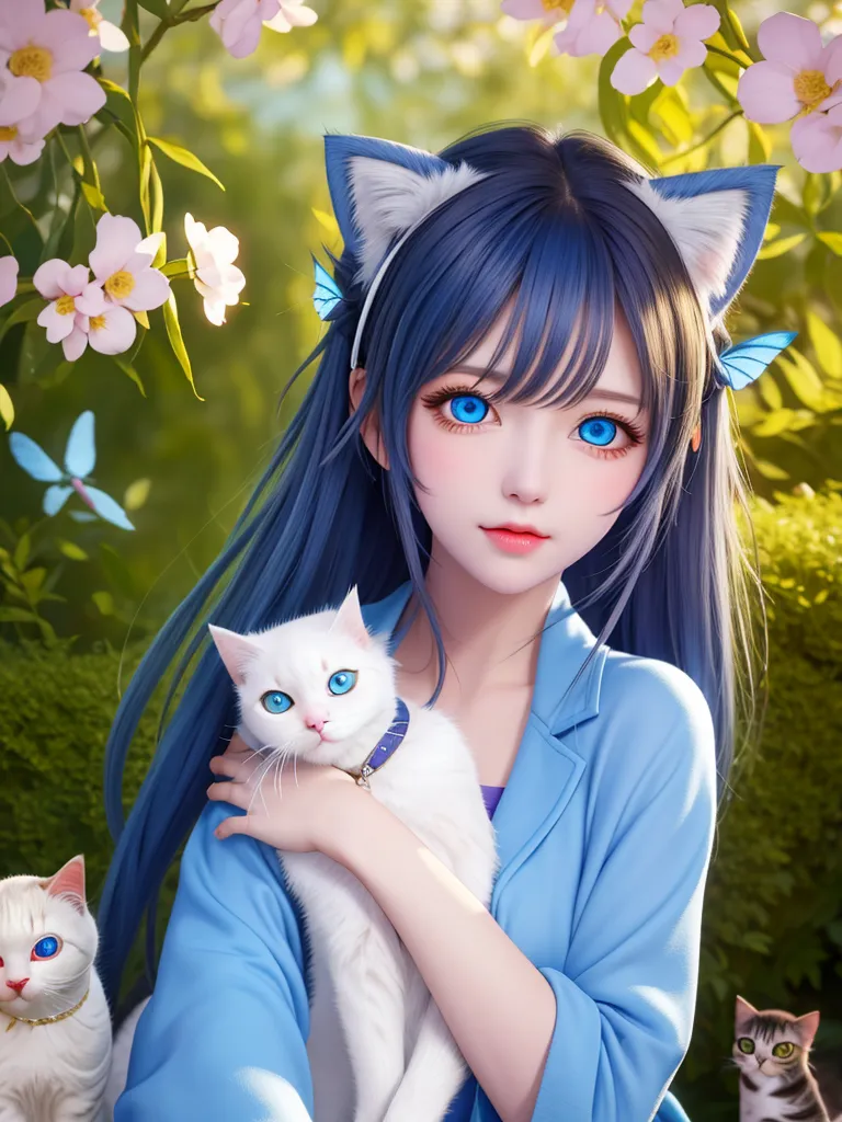 The image is a painting of a young woman with cat ears and blue eyes. She is wearing a white dress with a blue sash and has long blue hair. She is sitting in a field of flowers with a white cat in her arms and two other cats playing nearby. The background is a blur of green leaves. The painting is done in a realistic style and the colors are vibrant and lifelike.