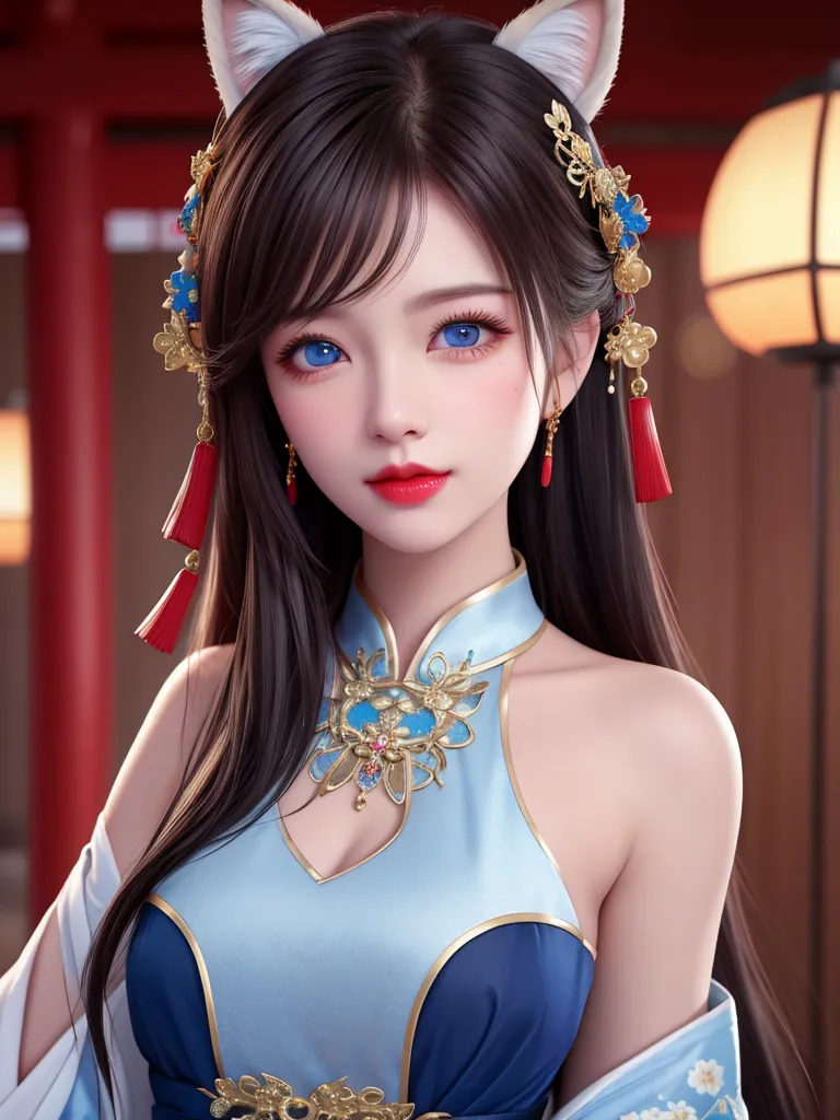 A imagem mostra uma bela mulher jovem com cabelos pretos longos e olhos azuis. Ela está usando um vestido tradicional chinês com um padrão azul e branco. O vestido tem um colarinho alto e é sem mangas. Ela também está usando um colar e brincos. Seu cabelo está penteado com dois coques no topo da cabeça e ela tem um par de orelhas de gato. Ela está em pé em frente a um fundo vermelho e dourado.