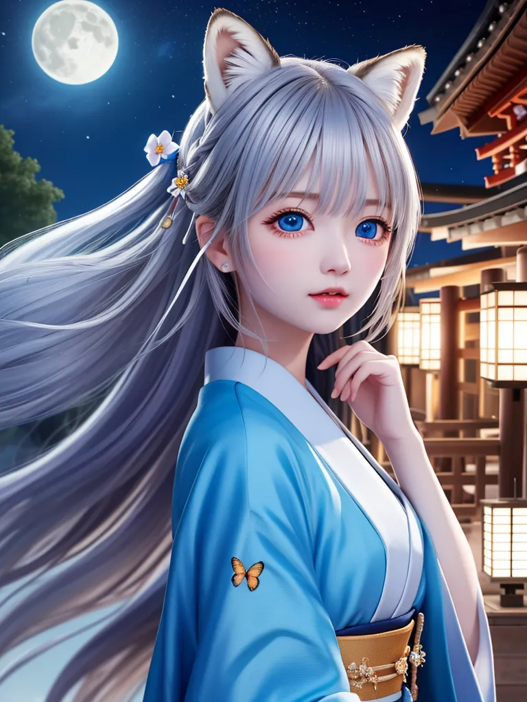 The image is of a beautiful anime girl with white hair and blue eyes. She is wearing a blue kimono with a butterfly on it. She has cat ears and a long tail. She is standing in front of a Japanese-style house. There is a full moon in the sky.