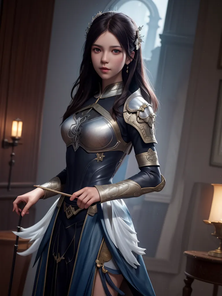 The image is of a beautiful young woman with long, dark hair and blue eyes. She is wearing a suit of armor that is black and silver, and has a white skirt. She is also wearing a necklace and a bracelet. She is standing in a room that is lit by candles. There is a table to her right with a book on it.