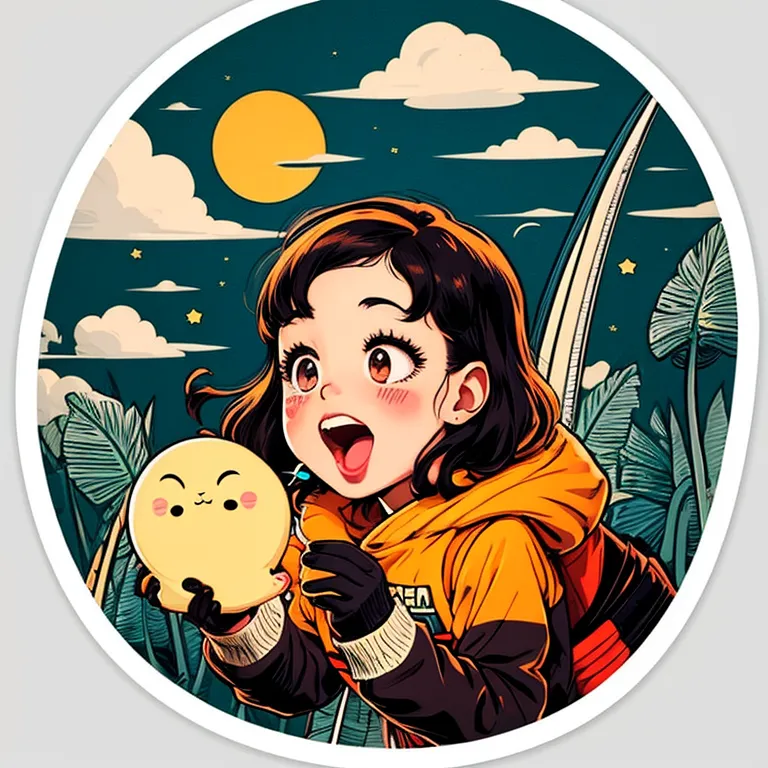 This is an image of a girl holding a cute yellow creature in her hands. The girl has brown hair and big brown eyes. She is wearing an orange jacket and a white shirt. The creature has a smiley face and is white and yellow in color. The background is a blue sky with white clouds and stars. The girl is smiling and has her mouth open in surprise.