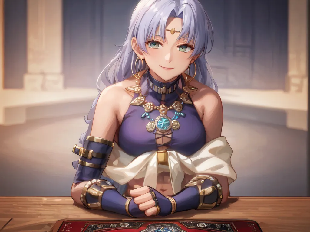 The image shows a woman with long silver hair and green eyes. She is wearing a purple and blue outfit with a white sash. She is sitting at a table with a red cloth on it. There are cards on the table. The woman has a friendly smile on her face.