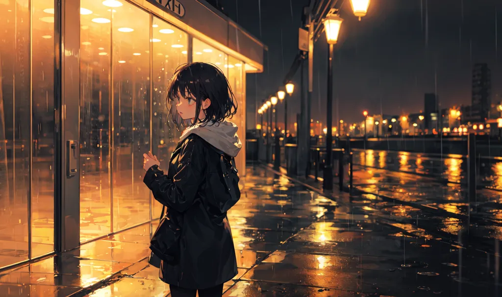 A imagem é uma cena de uma noite chuvosa. Uma menina com cabelos pretos curtos está em pé em frente a uma porta de vidro. Ela está usando um casaco preto e uma camisa branca. A menina está olhando para a chuva com uma expressão triste no rosto. A rua está vazia, exceto por alguns carros estacionados à beira da estrada. As luzes da rua se refletem nas poças de água no chão. A imagem é muito atmosférica e captura a sensação de uma noite solitária.