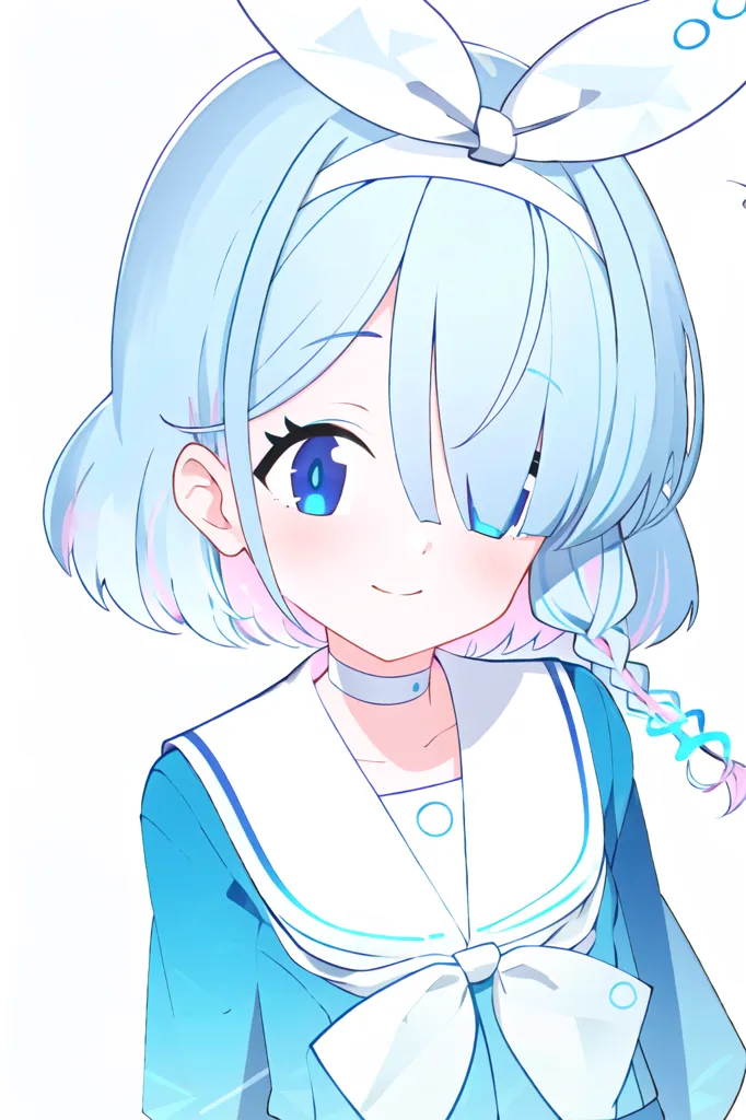 The image shows a young girl with blue hair and eyes. She is wearing a blue and white sailor-style outfit with a white bow in her hair and a pink and blue ribbon around her neck. She has a shy smile on her face and is looking at the viewer. The background is white.