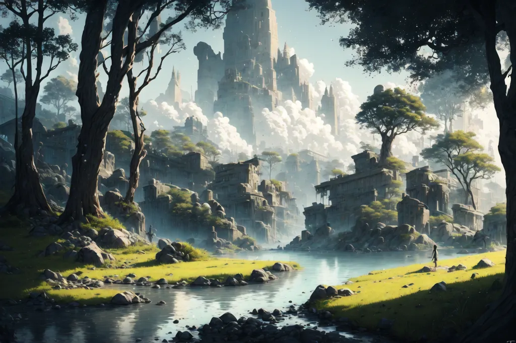 The image is a beautiful landscape with a river running through the middle. On both sides of the river, there are large, overgrown ruins of a city. The ruins are covered in moss and vines, and the trees around them are tall and lush. In the distance, there is a large mountain range, and the sky is filled with clouds. The image is very peaceful and serene, and it evokes a sense of wonder and mystery.