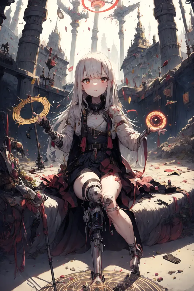 The image is of an anime-style girl with long white hair and red eyes. She is wearing a white and red outfit and has a mechanical leg. She is sitting on a pile of rubble in a ruined city. There are broken buildings and debris all around her. The sky is dark and there are red clouds in the distance.