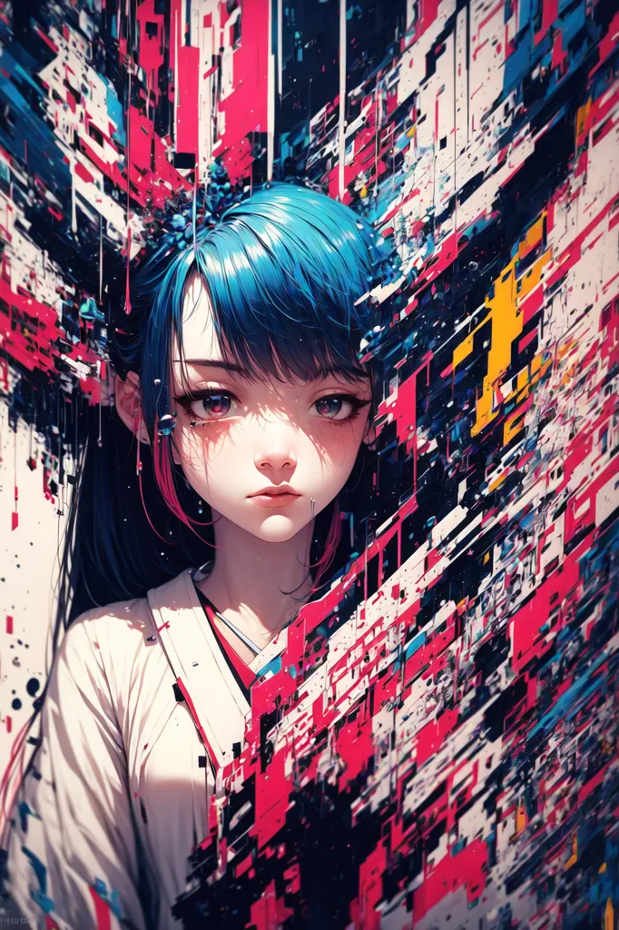 This is an image of a young woman with blue hair and red eyes. Her hair is in a ponytail and she is wearing a white shirt. She is standing in front of a colorful background with a glitch effect. The image is in a realistic style and the woman's expression is serious.