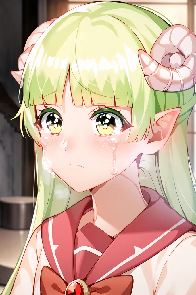 The image is of a crying anime girl with green hair and horns. She is wearing a red and white sailor-style school uniform with a red bow with a pink gem in the center. The girl is looking to the left of the frame with tears in her eyes.