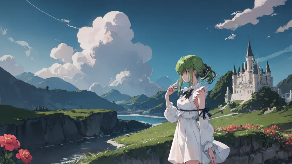 The image is of an anime girl standing on a cliff overlooking a valley. The girl is wearing a white dress with a black ribbon and has green hair and eyes. She is looking at the view with a pensive expression. The valley is filled with mountains, trees, and a river. There is a castle on a hill in the distance. The sky is blue and there are some clouds. The image is peaceful and serene.