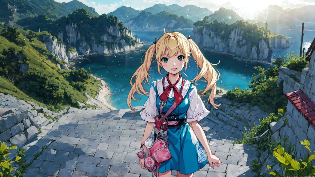 The image is a depiction of a young girl with long blonde hair and blue eyes. She is wearing a blue and white dress with a red scarf and a pink backpack. She is standing on a stone path with a beautiful seascape in the background. The water is a deep blue color and there are several small islands in the distance. The sky is blue with a few white clouds. The girl is smiling and has her arms outstretched.