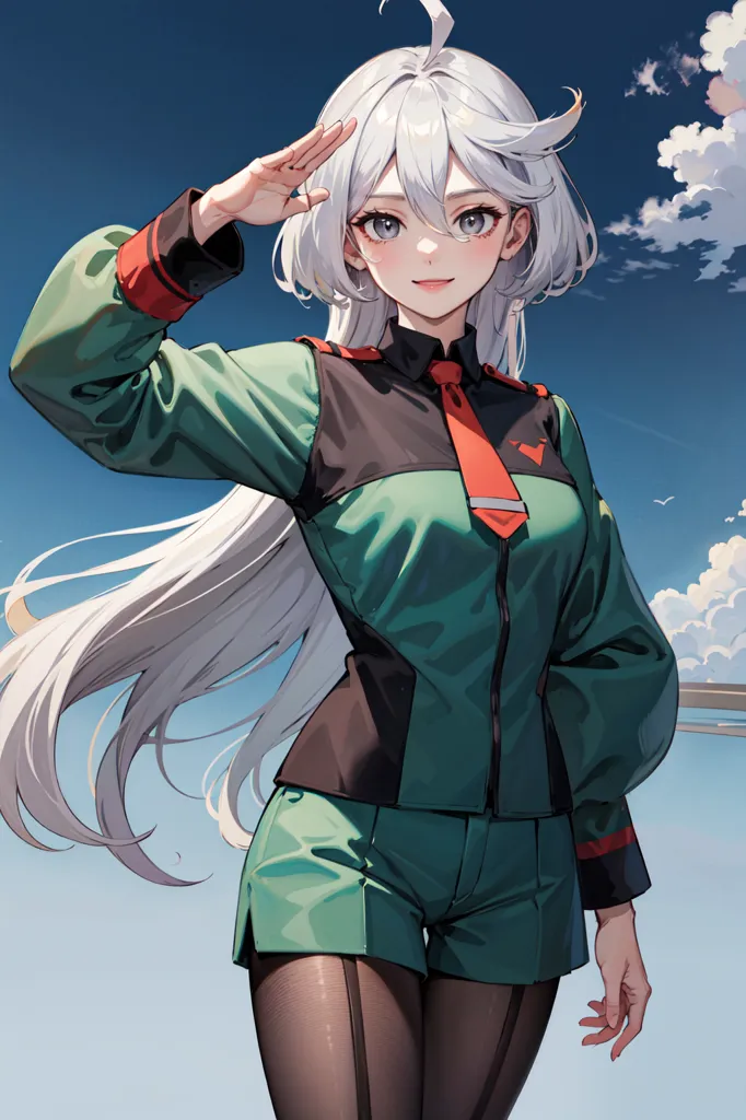 L'image représente une jeune femme aux longs cheveux blancs et aux yeux bleus, vêtue d'un uniforme militaire vert. Elle salue de la main droite et il y a un grand nuage blanc en arrière-plan.