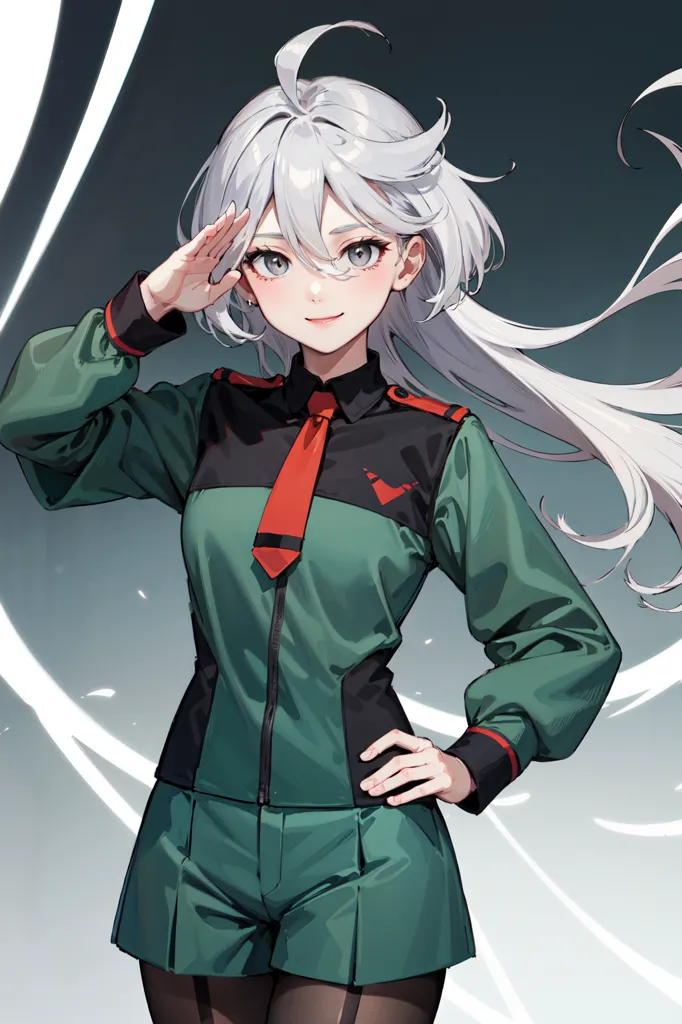 The image shows a young woman with long white hair and green eyes. She is wearing a green military uniform with a red tie. She has her right hand raised in a salute, and is smiling. There are white lines in the background.