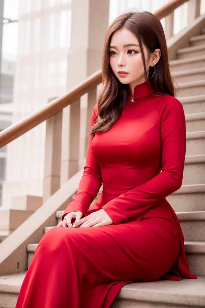 The photo shows a young woman in a red dress sitting on the stairs. She has long brown hair, light makeup, and is wearing a traditional Vietnamese dress called an ao dai. The dress is red with a high collar and long sleeves. The woman is sitting on the stairs with her hands folded in her lap and is looking away from the camera.