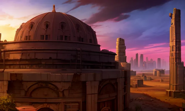 The image shows a large, domed building in the middle of a desert. The building is made of stone and has a large door on the front. There are also several smaller buildings around the main building. The sky is a gradient of purple and pink, with a large, glowing moon in the top right corner.