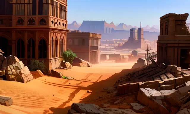 The image shows a street in a ruined city. The buildings are made of stone and are in various states of disrepair. Some of the buildings are still standing, while others are just a pile of rubble. The street is covered in sand, and there is no sign of life. The sky is clear, and the s