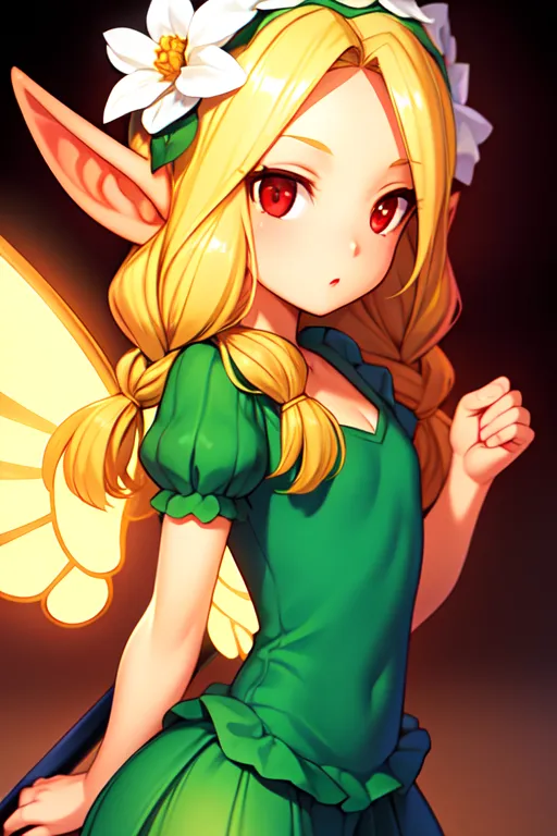 The image is a digital painting of a fairy. She has long, flowing blonde hair, red eyes, and pointed ears. She is wearing a green dress with a white collar and has a pair of white flowers in her hair. She also has a pair of translucent yellow wings. The fairy is standing in a dark forest, and she is looking at the viewer with a curious expression on her face.