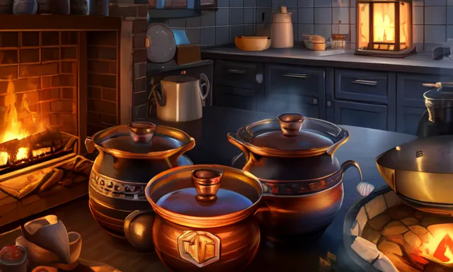 The image shows a cozy kitchen with a fireplace. There are four pots on the hearth, and a kettle on the stove. The pots are made of copper and have different sizes. The kettle is made of metal and has a long spout. There is a wooden spoon in one of the pots. The fire in the fireplace is burning brightly, and there is a log holder next to it. The kitchen is lit by a lantern.