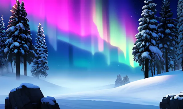 A imagem mostra uma paisagem de inverno com uma aurora no céu noturno. A aurora é principalmente verde e rosa, com um pouco de azul e roxo. A aurora é refletida na neve no chão. As árvores estão despidas e a neve é espessa no chão. Há uma grande rocha em primeiro plano, no lado esquerdo da imagem. O céu é azul escuro e há muitas estrelas.