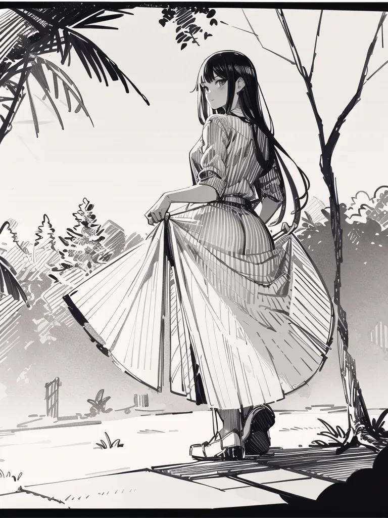 The image is a black-and-white sketch of a young woman in a long dress. She is standing in a field, surrounded by tall grass. The woman has long, flowing hair and a serene expression on her face. She is wearing a simple dress with a high collar and a long skirt. The dress is made of a light, flowing fabric and is gathered at the waist with a sash. The woman's feet are bare. The image is drawn in a realistic style and the artist has used a variety of techniques to create a sense of depth and texture. The image is both beautiful and evocative, and it captures the beauty of the natural world and the peacefulness of a summer day.