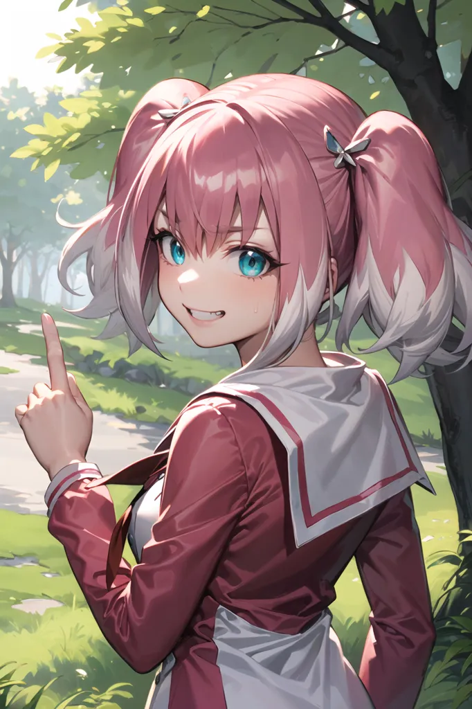 The image is a portrait of a young woman with pink hair and blue eyes. She is wearing a pink and white sailor fuku. The background is a blurred forest. The woman is smiling and pointing at something off-screen.