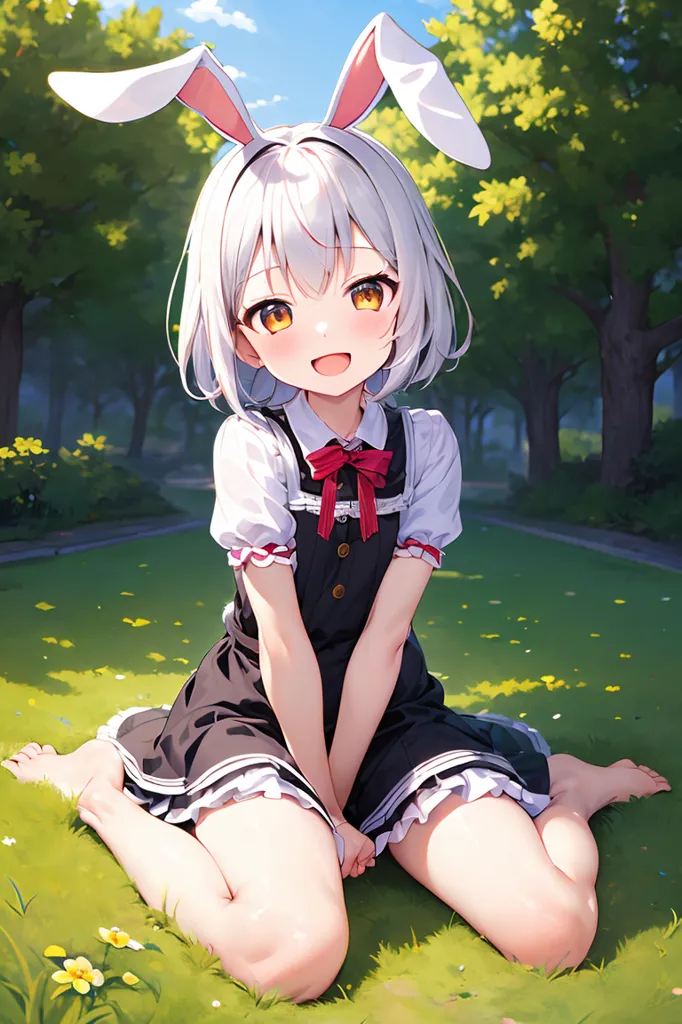 The image is of an anime girl with white hair and yellow eyes. She is wearing a black and white dress with a red bow. She has rabbit ears and is sitting on the grass. She is smiling and looks happy. There are trees and flowers in the background.