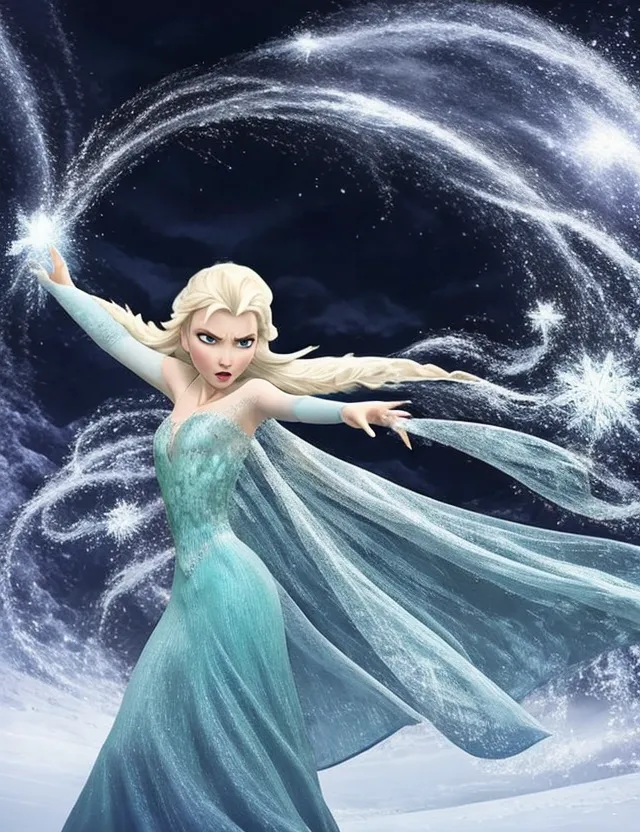 Resim Frozen filmindeki Elsa'yı gösteriyor. Güçlü bir duruşta, kolları açık ve gözleri kısık olarak duruyor. Uzun, mavi bir elbise ve pelerinle giyinmiş, saçları arkasında dalgalanıyor. Arka plan koyu mavi, kar taneleri düşüyor. Elsa buz ve karla çevrili ve güçlerini kullanarak harika bir şey yaratacakmış gibi görünüyor.