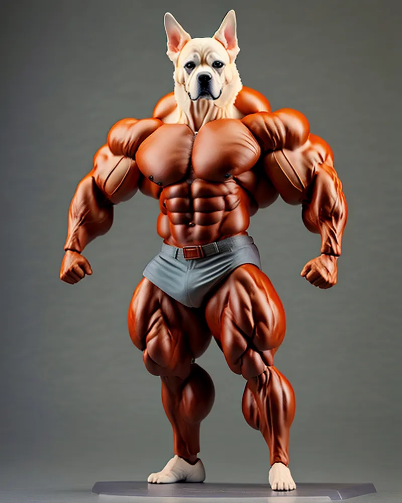 The image shows a muscular white dog standing on a platform. The dog has light fur and dark brown eyes. It is wearing gray shorts and white socks. The dog's muscles are very defined, and its veins are visible. The dog is standing in a powerful pose, and it looks like it is ready to attack. The background of the image is a dark gray color.