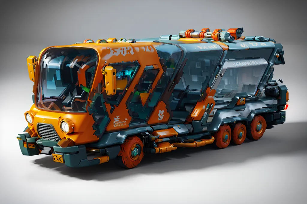 The image is a rendering of a futuristic bus. It is orange and blue and made of metal. It has a large windshield and several small windows on the sides. There is a door on the side of the bus. The bus is also equipped with several roof racks.