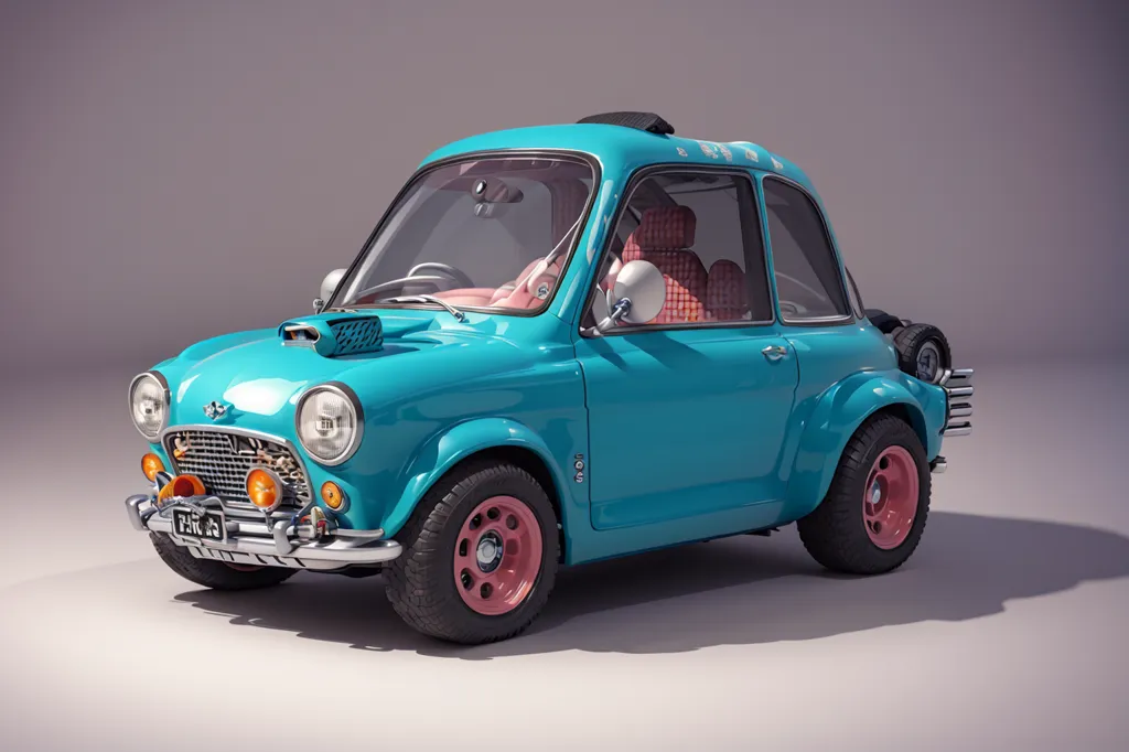 La imagen muestra un coche retro futurista de color azul claro. Tiene un capó grande con una toma de aire, una parrilla pequeña y faros redondos. El coche también tiene llantas rosas y un interior rosa. El coche está sobre una superficie blanca con un fondo gris.