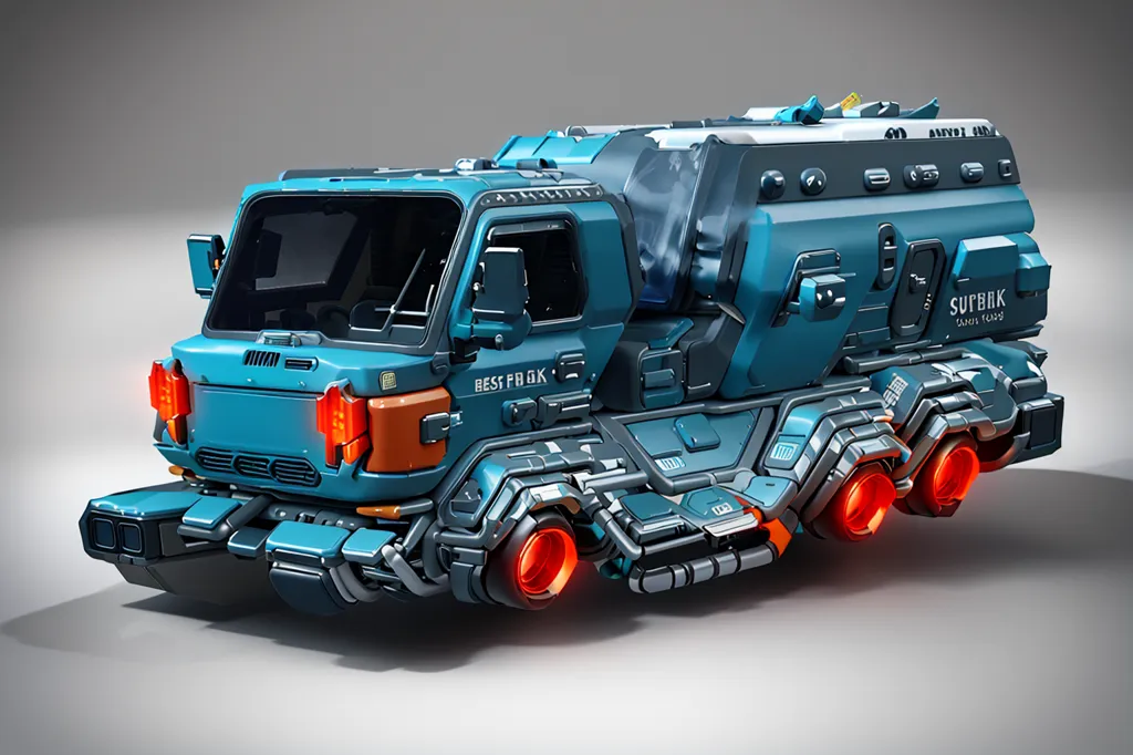 The image shows a futuristic truck. It is blue and gray in color, with a long, flatbed trailer. The truck has six wheels, three on each side. The wheels are large and have a deep tread. The truck also has a large engine, which is located in the back of the cab. The truck is covered in lights and other details, which give it a very futuristic look.