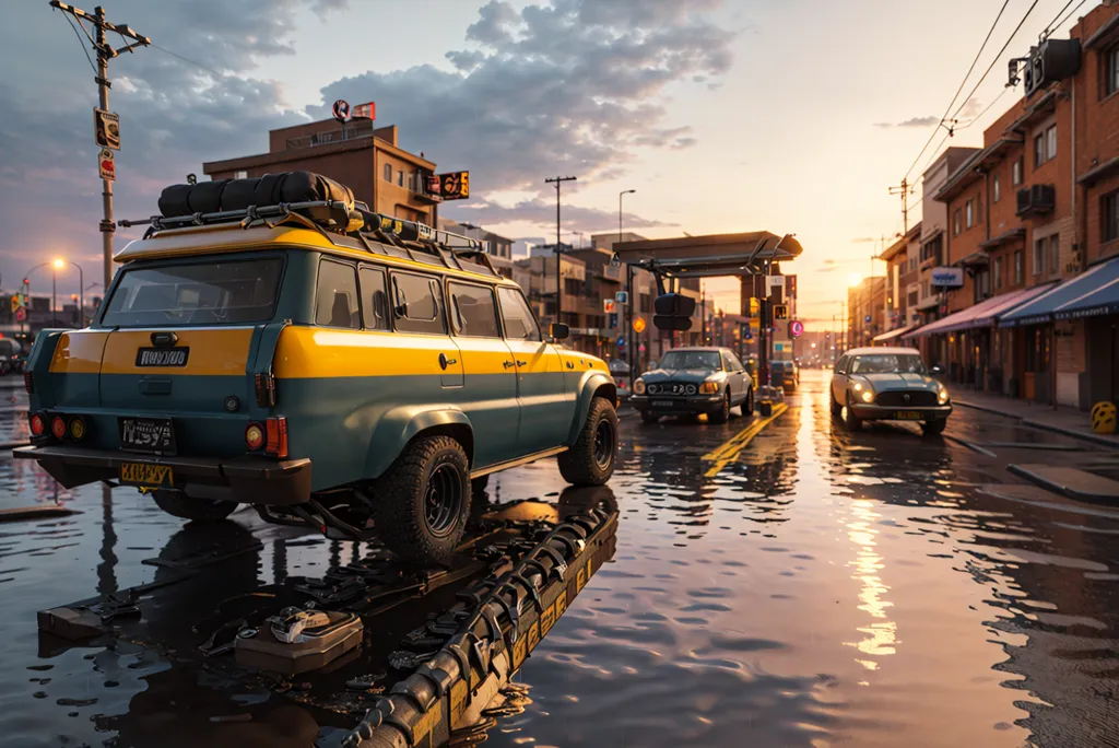 L'image montre une rue de ville inondée avec des voitures roulant dans l'eau. Les voitures sont pour la plupart vieilles et rouillées, et les bâtiments sont en mauvais état. L'eau est trouble et brune, et il y a beaucoup de débris flottants. Le ciel est sombre et nuageux, et le soleil se couche. L'image est post-apocalyptique et transmet un sentiment de désespoir et de désespoir.