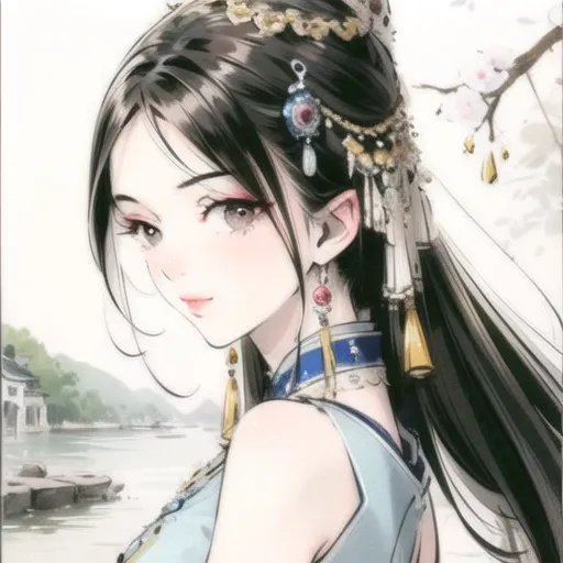 The image shows a young woman with long black hair and brown eyes. She is wearing a traditional Chinese dress with a blue and white pattern. There are hair accessories in her hair. She is standing in a garden with a lake in the background. There are pink flowers on the tree branches behind her.