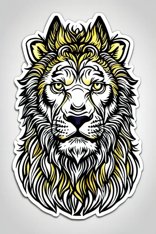 The image is a sticker of a lion's head. The lion is facing the viewer with its mouth closed. It has a golden yellow mane and black eyes. The lion's head is surrounded by a white border.