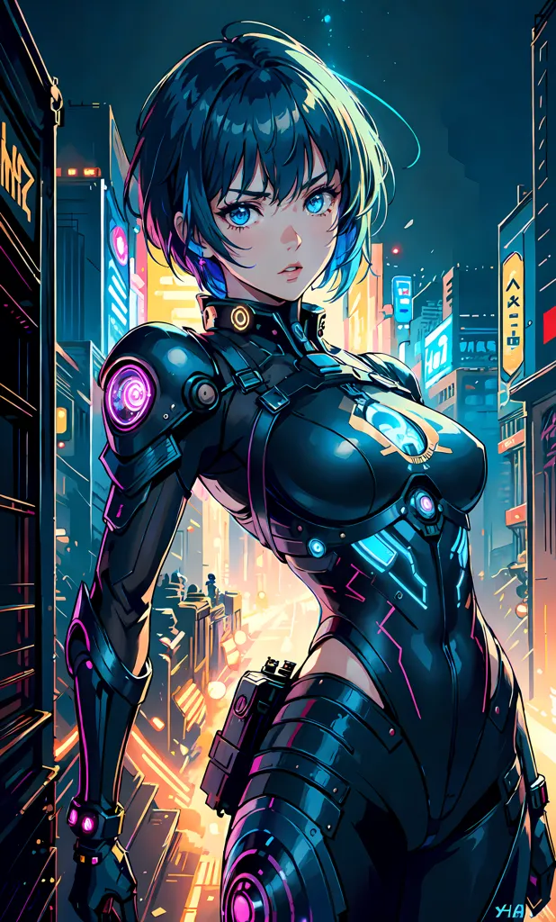 This is an image of a woman standing in a dark city. She is wearing a black and blue bodysuit with a glowing blue circle on her chest. She has short blue hair and blue eyes. The background is a dark city with bright lights.