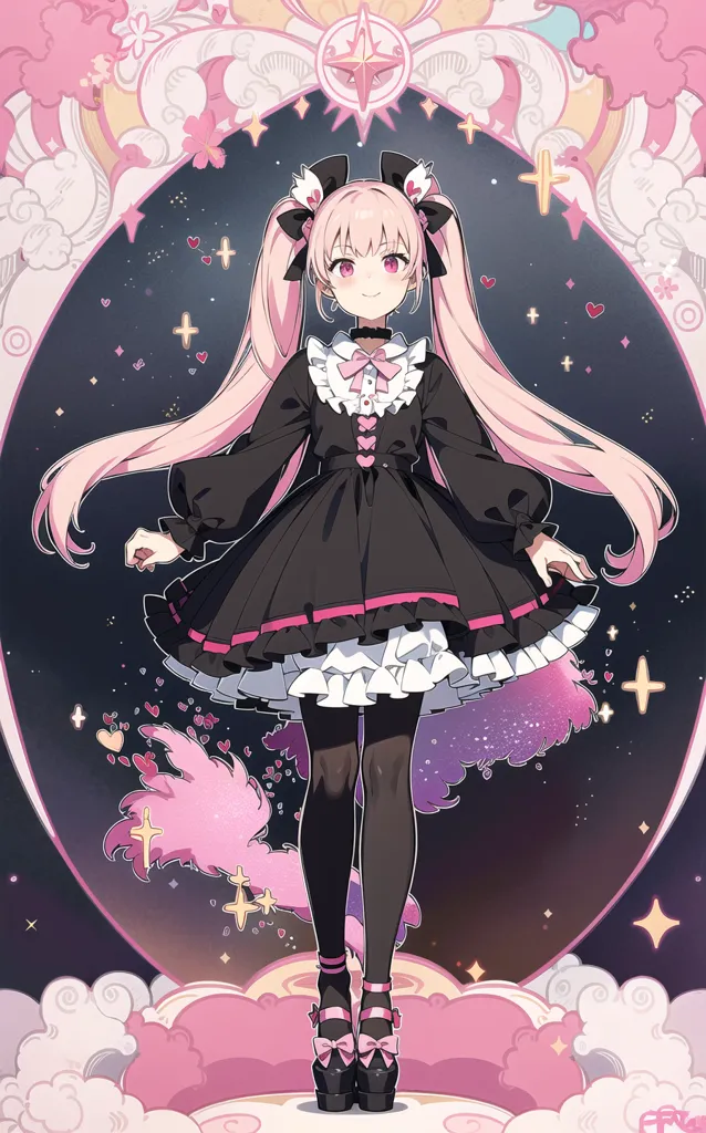 The image is of an anime girl with pink hair and black cat ears. She is wearing a black and pink dress with a white collar and a pink bow. She is also wearing black stockings and pink shoes. She is standing in a pink and white frame. There are hearts and stars floating around her. The background is a dark blue night sky with a crescent moon.