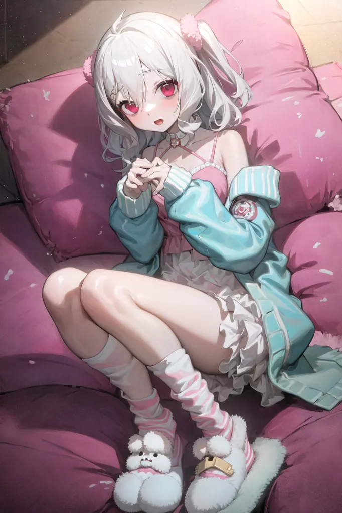 The image is of an anime girl with white hair and red eyes. She is wearing a pink and white striped crop top, a blue jacket, and white and pink socks with bunny slippers. She is sitting on a pink bed with a lot of pillows and has a shy expression on her face.