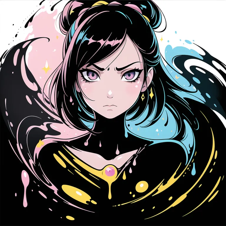 This is an illustration of a young woman with long black hair and purple eyes. She is wearing a black and yellow outfit with a pink gem in the center. She has a serious expression on her face and is surrounded by colorful splashes of paint.