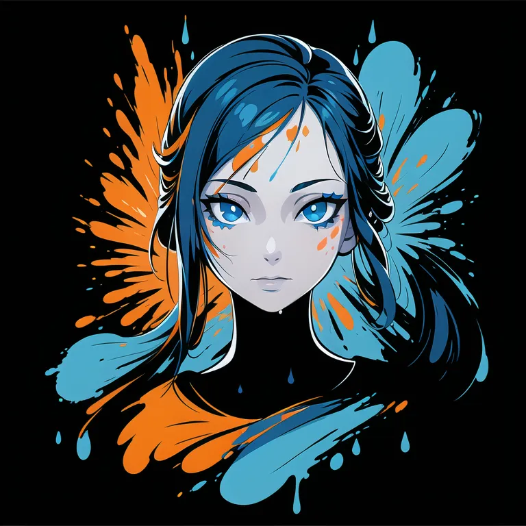 The image is a portrait of a young woman with blue hair and blue eyes. She is looking at the viewer with a serious expression. Her hair is flowing around her head and there are blue and orange paint splatters around her. The background is black.