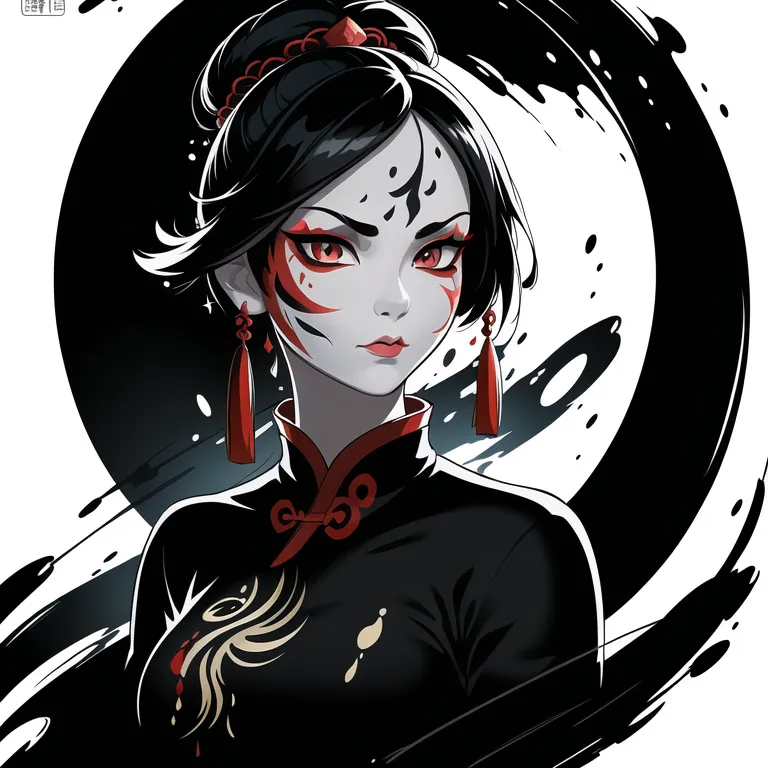 The image is a portrait of a young woman with long black hair and red eyes. She is wearing a black cheongsam with red and gold trim. Her hair is pulled back into a bun and she is wearing red lipstick. She has a serious expression on her face. The background is a black and white yin-yang symbol.