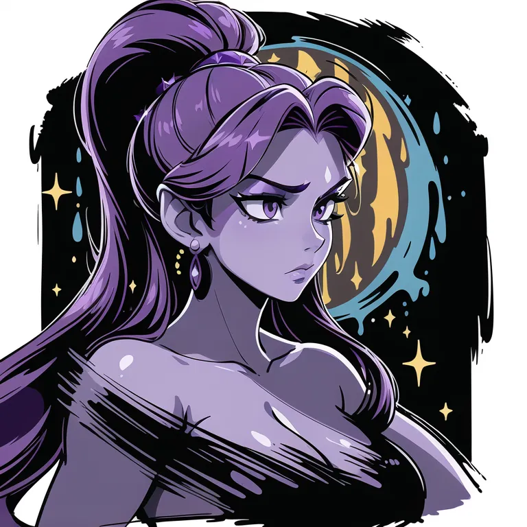 Esta é uma imagem de uma mulher com cabelo roxo e olhos roxos. Ela está usando um vestido preto com um decote profundo. Ela tem uma expressão séria no rosto. Ela está em pé em frente a um fundo azul e roxo. Há estrelas e uma lua no fundo. Ela está usando um colar e brincos de ouro. Seu cabelo está preso em um rabo de cavalo. Ela está olhando para a direita do quadro.