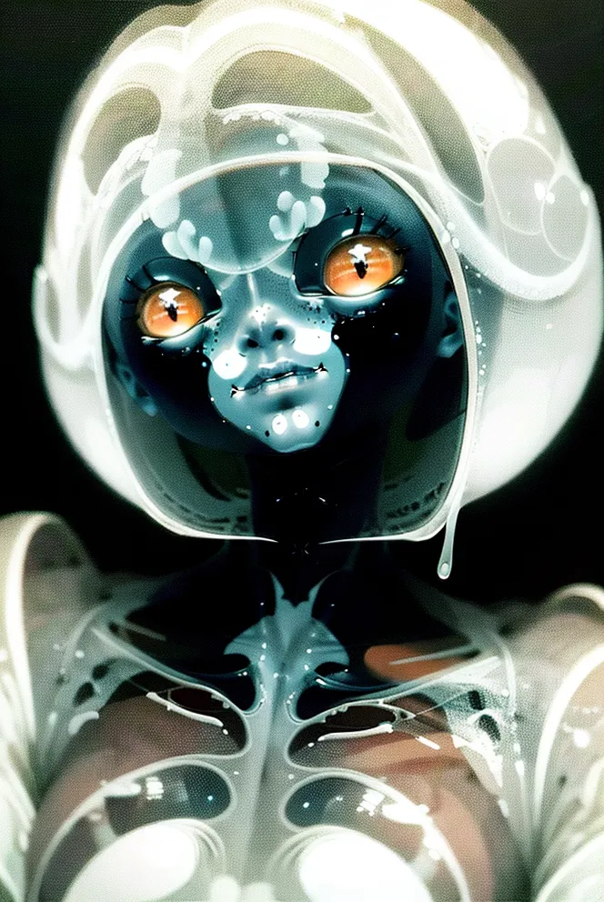 The image is a portrait of a woman who appears to be wearing some kind of futuristic helmet. Her eyes are a bright orange color and her skin is a pale blue. The helmet is made of a strange material that looks like it is made of water droplets. The woman's expression is one of calm and serenity. The background is a dark color, which makes the woman's face stand out.