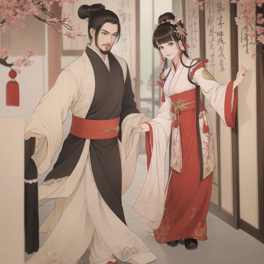 L'image montre un homme et une femme vêtus de vêtements traditionnels chinois. L'homme porte une robe blanche avec une robe extérieure noire et une écharpe rouge. La femme porte une robe rouge avec une robe extérieure blanche et une écharpe rouge. L'homme et la femme ont tous deux de longs cheveux noirs. L'homme tient la main de la femme. Ils se tiennent debout dans une pièce avec un mur rouge et un sol blanc. Il y a un vase de fleurs en arrière-plan.