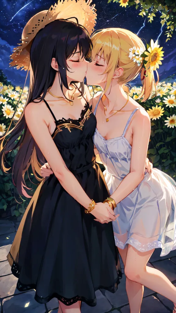 This image depicts two young women in a romantic and intimate moment. They are standing in a field of sunflowers, surrounded by tall grass and a starry night sky. The woman on the left is wearing a black dress with a white camisole, a straw hat, and a necklace. She has long black hair and brown eyes, and she is holding the hand of the woman on the right. The woman on the right is wearing a white dress with a black camisole and a necklace. She has short blonde hair and green eyes, and she is kissing the woman on the left on the lips. Both women are smiling and have their eyes closed. The overall tone of the image is one of happiness and love.
