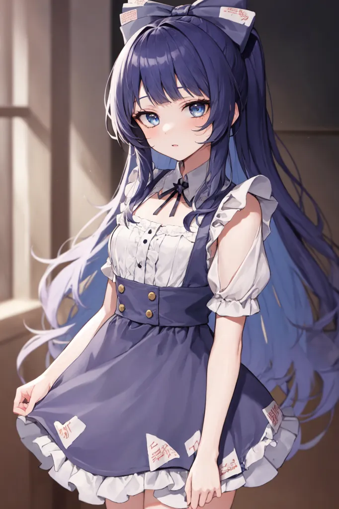 The image is a painting of a young woman with long blue hair. She is wearing a blue and white dress with a white apron. The dress has gold buttons. She is standing in front of a window. The window is covered in white curtains. The woman has a shy expression on her face.