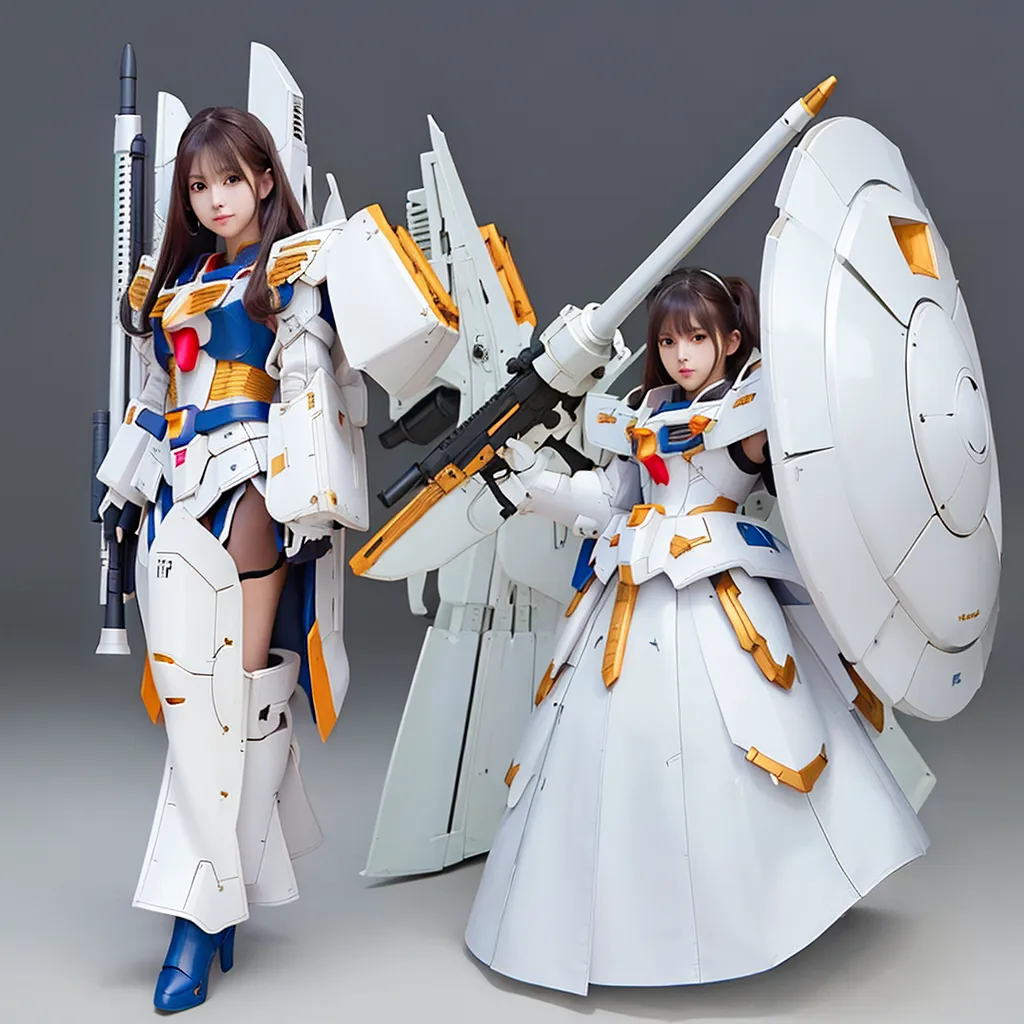 This is an image of two anime girls in mecha suits. The girl on the left is wearing a white and yellow suit with a large gun and a smaller gun. The girl on the right is wearing a white and yellow dress with a large shield and a gun. They are both standing in front of a grey background.